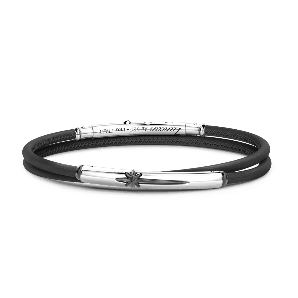 Bracciale Zancan in pelle nera a doppio filo con piastrina centrale in argento e simbolo nautico.
