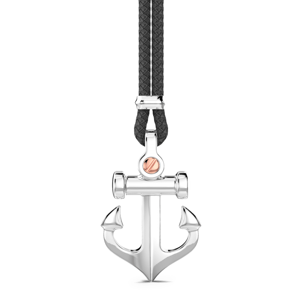 Collana Zancan in kevlar nero con ciondolo a forma di ancora in argento e oro rosa.