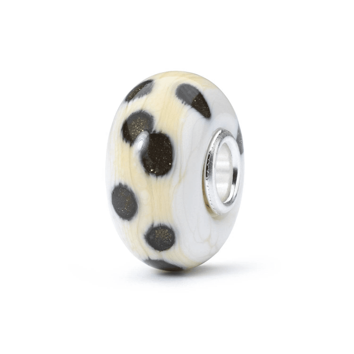 Bead Trollbeads Sentieri Incantati in vetro color crema con macchie scure glitterate, anima in argento 925.