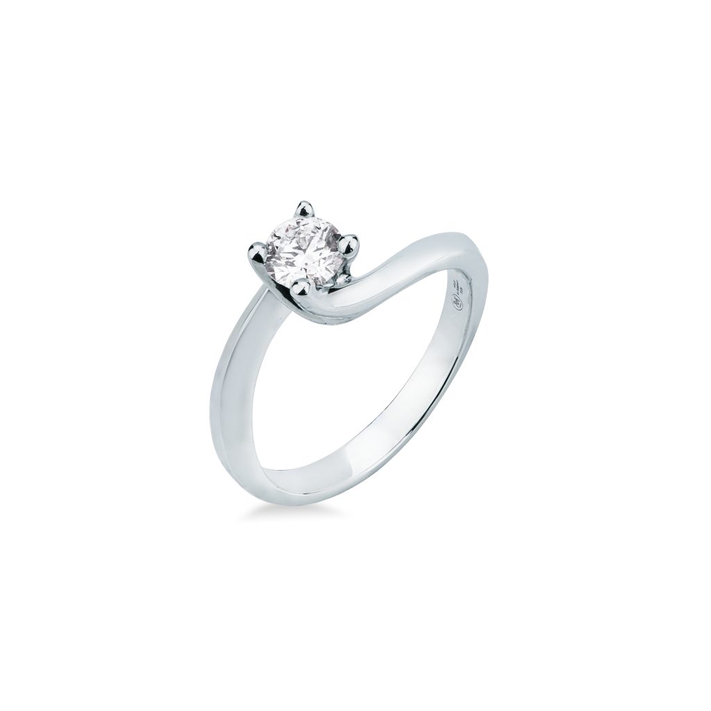 Anello solitario con diamante Mirco Visconti in oro bianco 18kt con diamante 0,42 carati colore F purezza VS montatura sagomata