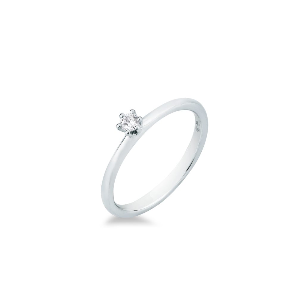 Anello solitario con diamante Mirco Visconti in oro bianco 18kt con diamante 0,08 carati colore G purezza VS a 6 griffe