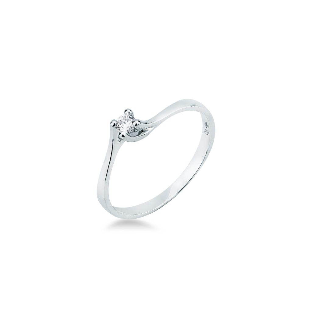 Anello solitario con diamante Mirco Visconti in oro bianco 18kt con diamante 0,08 carati colore G purezza VS montatura avvolgente