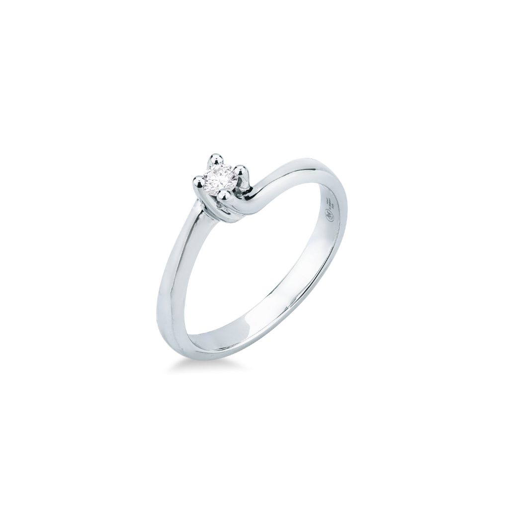 Anello solitario con diamante Mirco Visconti in oro bianco 18kt con diamante 0,10 carati colore G purezza VS design dinamico