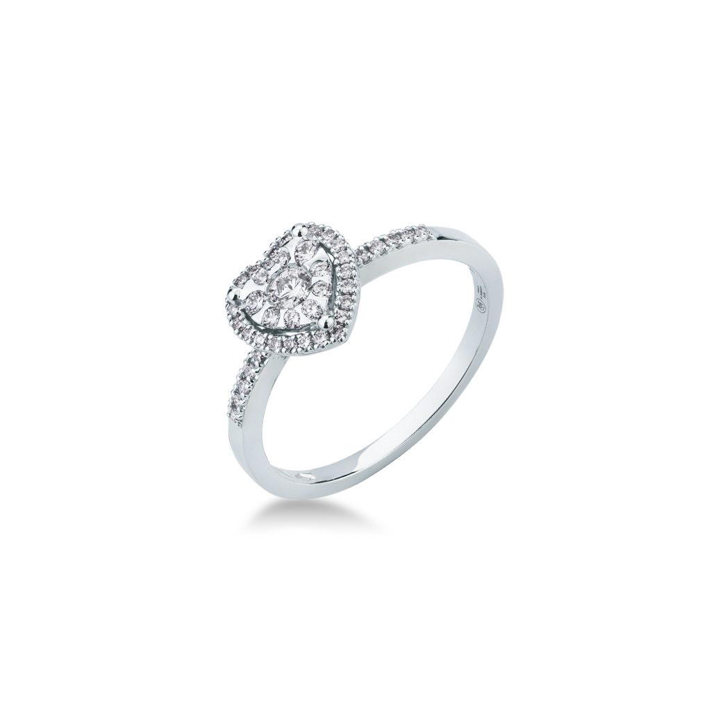 Anello A Cuore Con Diamanti Mirco Visconti in oro bianco 18kt con diamante centrale 0,24 ct e diamanti sul gambo totale 0,33 G-VS