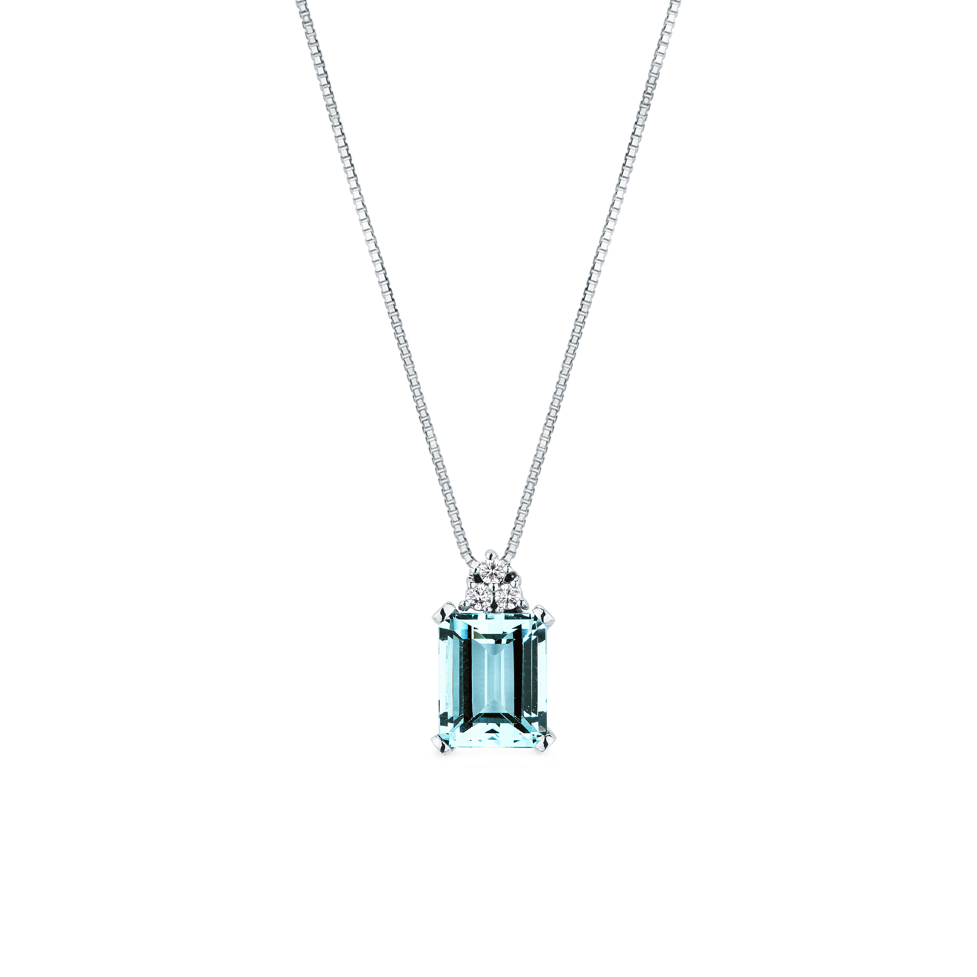 Girocollo Mirco Visconti acquamarina e diamanti in oro bianco 18kt, pendente con acquamarina taglio smeraldo.