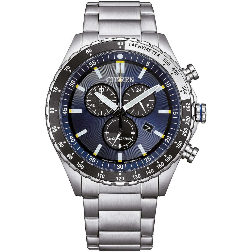Orologio cronografo Citizen AT2569-80L in acciaio con quadrante blu intenso e forza tecnologica Eco-Drive.