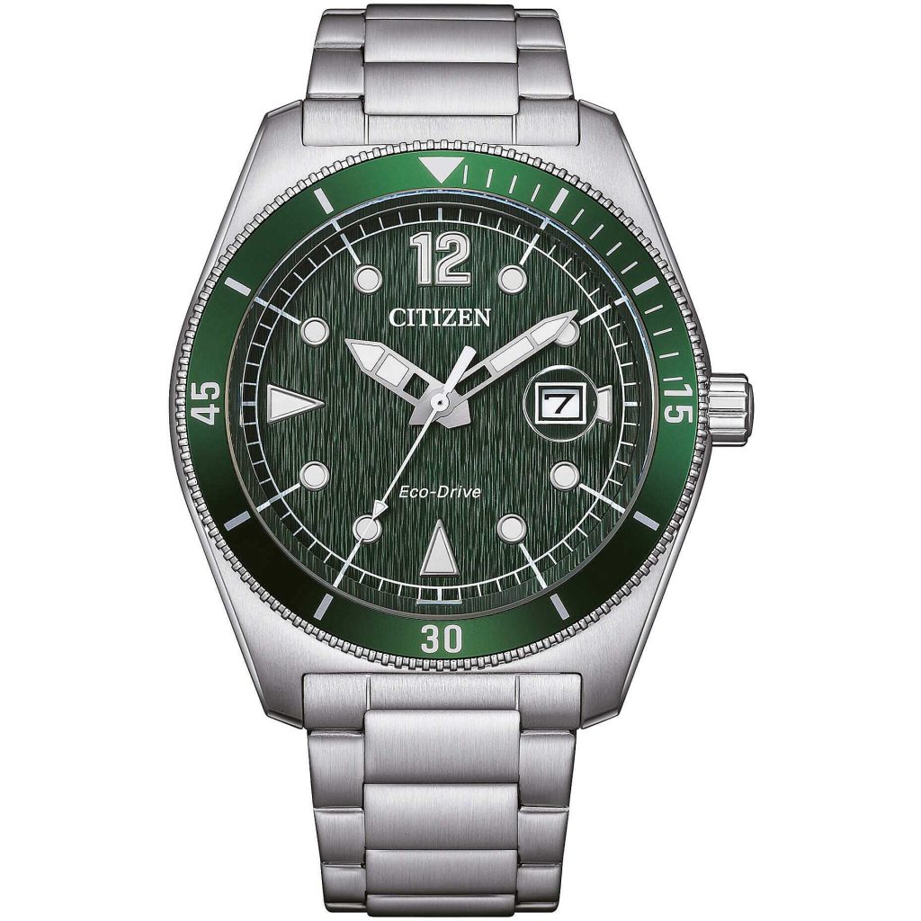 Orologio da uomo Citizen AW1880-55X Urban con bracciale in acciaio e quadrante verde bosco lavorato.