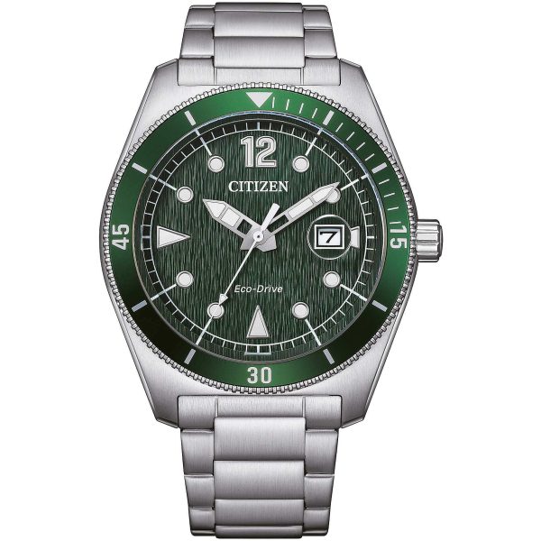 Orologio da uomo Citizen AW1880-55X Urban con bracciale in acciaio e quadrante verde bosco lavorato.