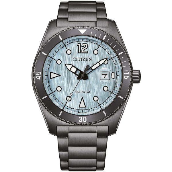 Orologio Citizen AW1887-56L Urban con cassa grigio scuro e quadrante azzurro chiaro lavorato a grana fine.