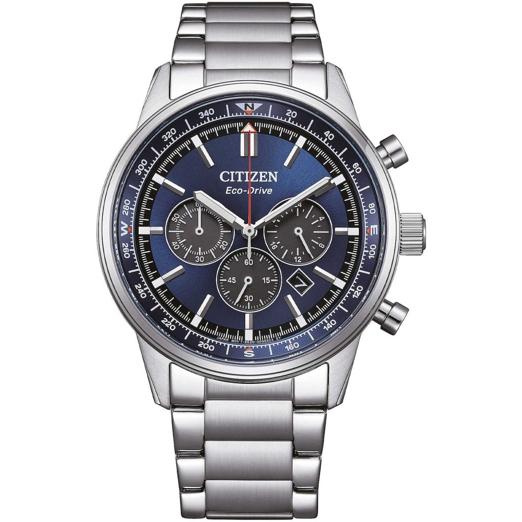 Orologio cronografo da uomo Citizen CA4720-52L con quadrante blu e contatori neri, bracciale in acciaio inox.