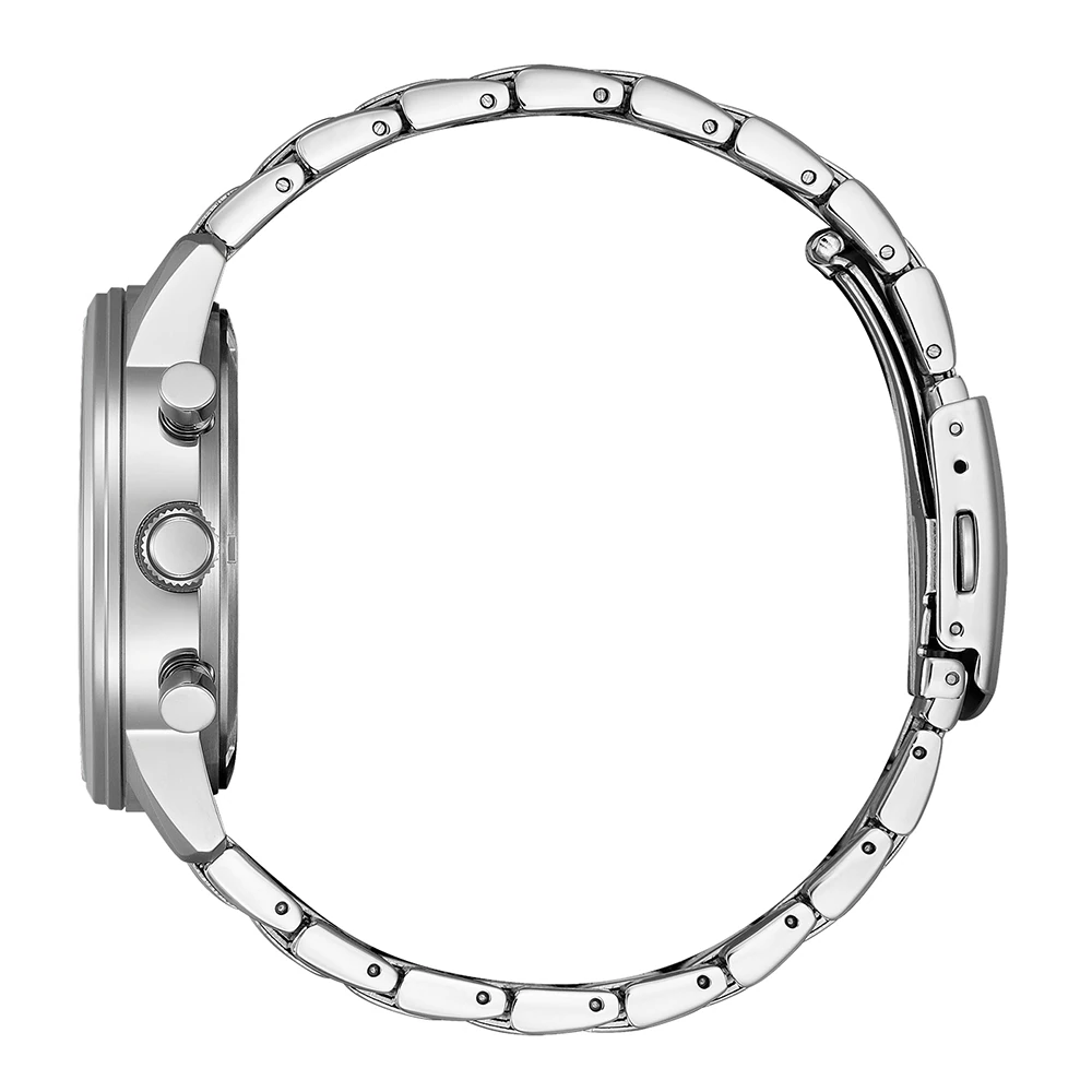 Chiusura di sicurezza e bracciale in acciaio inossidabile del cronografo Citizen CA4720-52X.