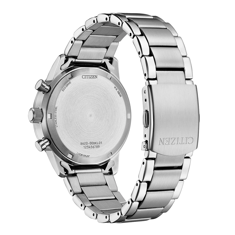 Chiusura di sicurezza e bracciale in acciaio inossidabile del cronografo Citizen CA4720-52X.