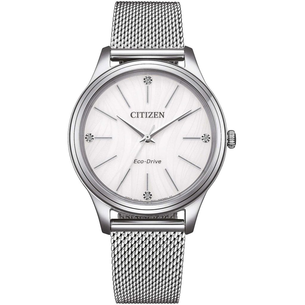 Orologio da donna Citizen EM1220-82A Lady con quadrante in madreperla bianca iridescente e bracciale in acciaio.