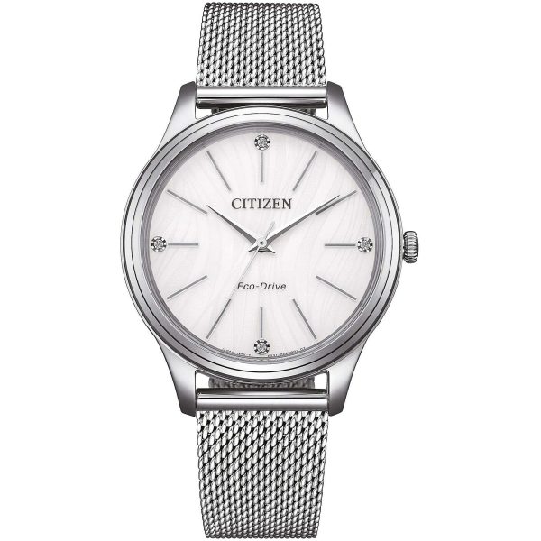 Orologio da donna Citizen EM1220-82A Lady con quadrante in madreperla bianca iridescente e bracciale in acciaio.