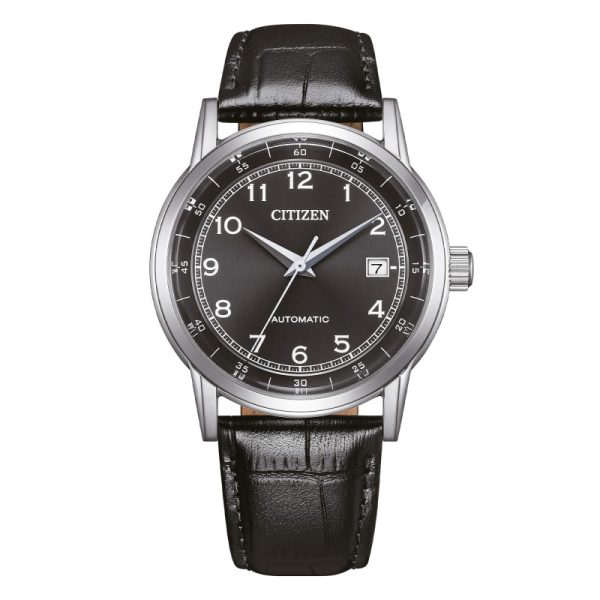 Orologio automatico Citizen NJ0210-05E con cassa in acciaio, quadrante nero e cinturino in pelle nera.