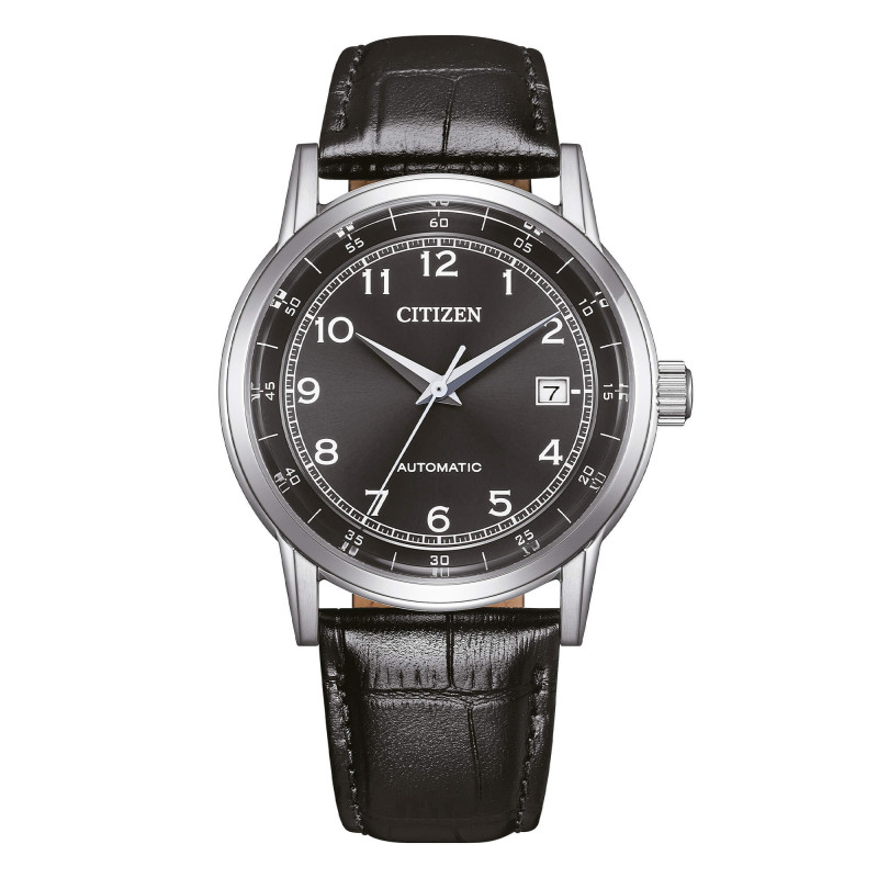 Orologio automatico Citizen NJ0210-05E con cassa in acciaio, quadrante nero e cinturino in pelle nera.