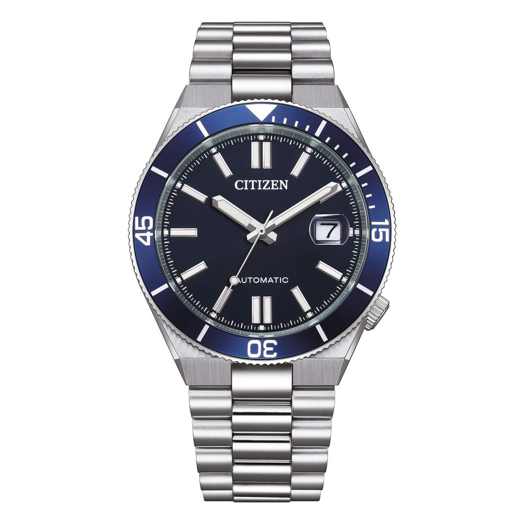Orologio Citizen NJ0230-59L automatico con quadrante blu, ghiera blu e bracciale in acciaio.