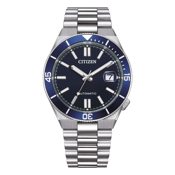 Orologio Citizen NJ0230-59L automatico con quadrante blu, ghiera blu e bracciale in acciaio.