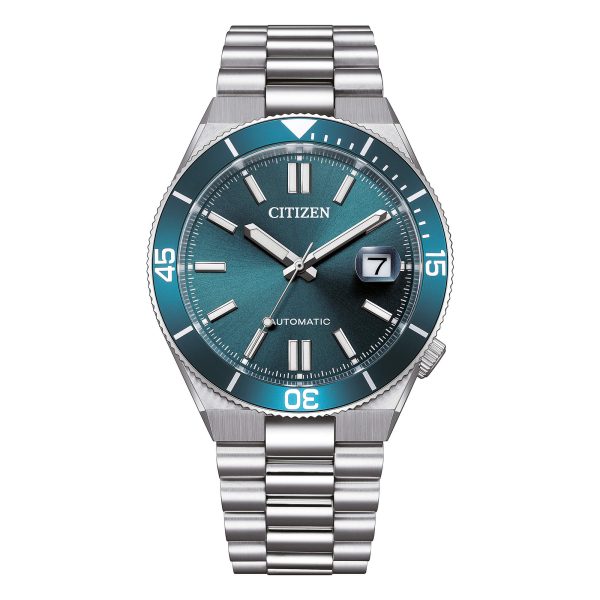 Orologio Citizen NJ0231-56L automatico con quadrante verde acqua, ghiera coordinata e bracciale in acciaio.