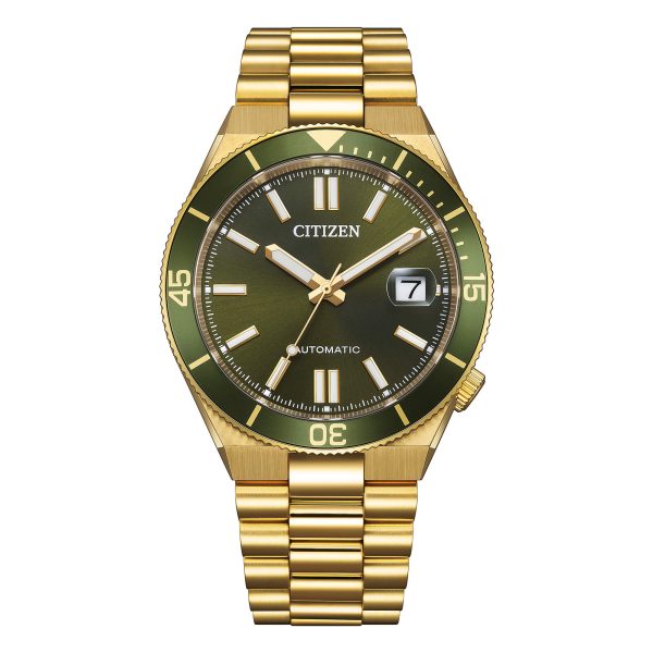 Orologio Citizen NJ0232-53X automatico placcato oro con quadrante verde bosco e lunetta girevole.