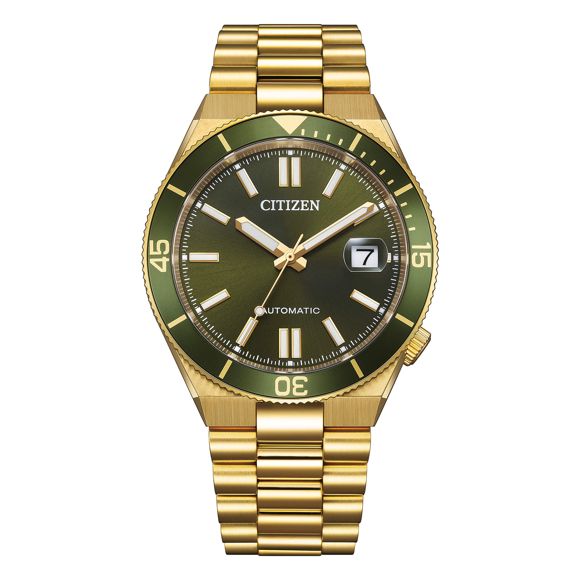 Orologio Citizen NJ0232-53X automatico placcato oro con quadrante verde bosco e lunetta girevole.