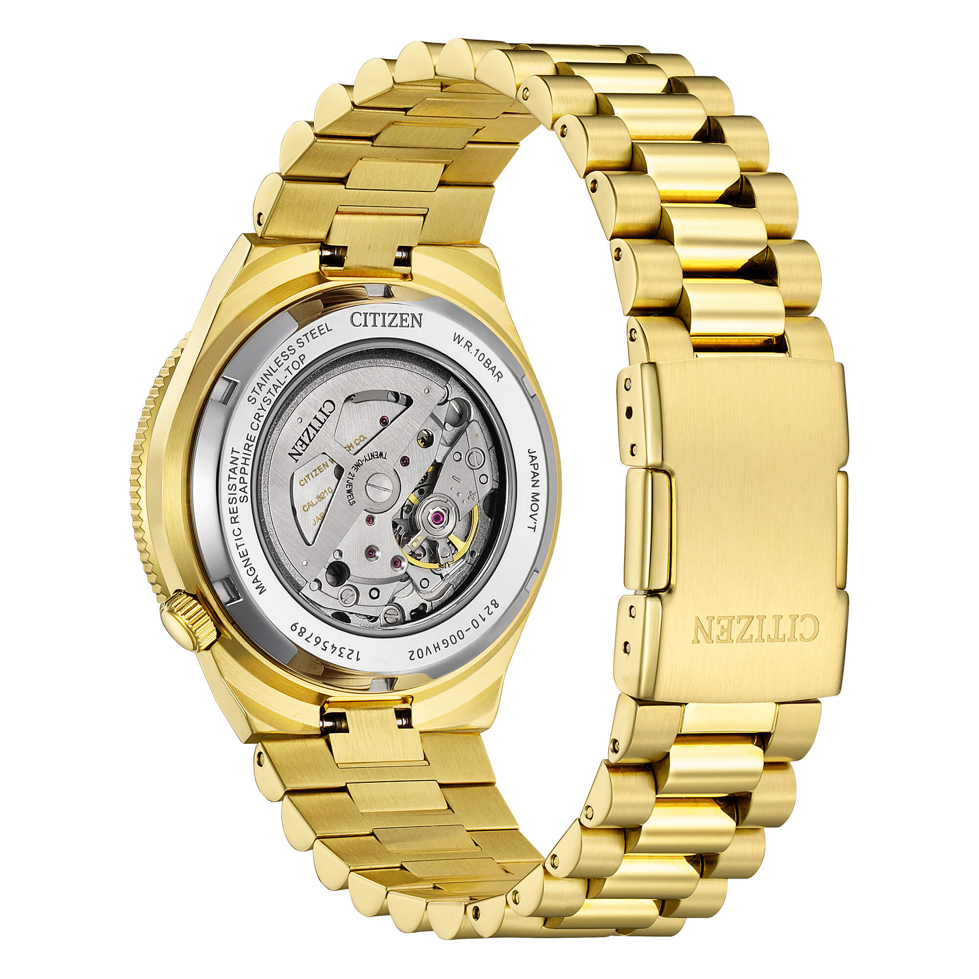 Orologio Citizen NJ0232-53X automatico placcato oro con quadrante verde bosco e lunetta girevole.