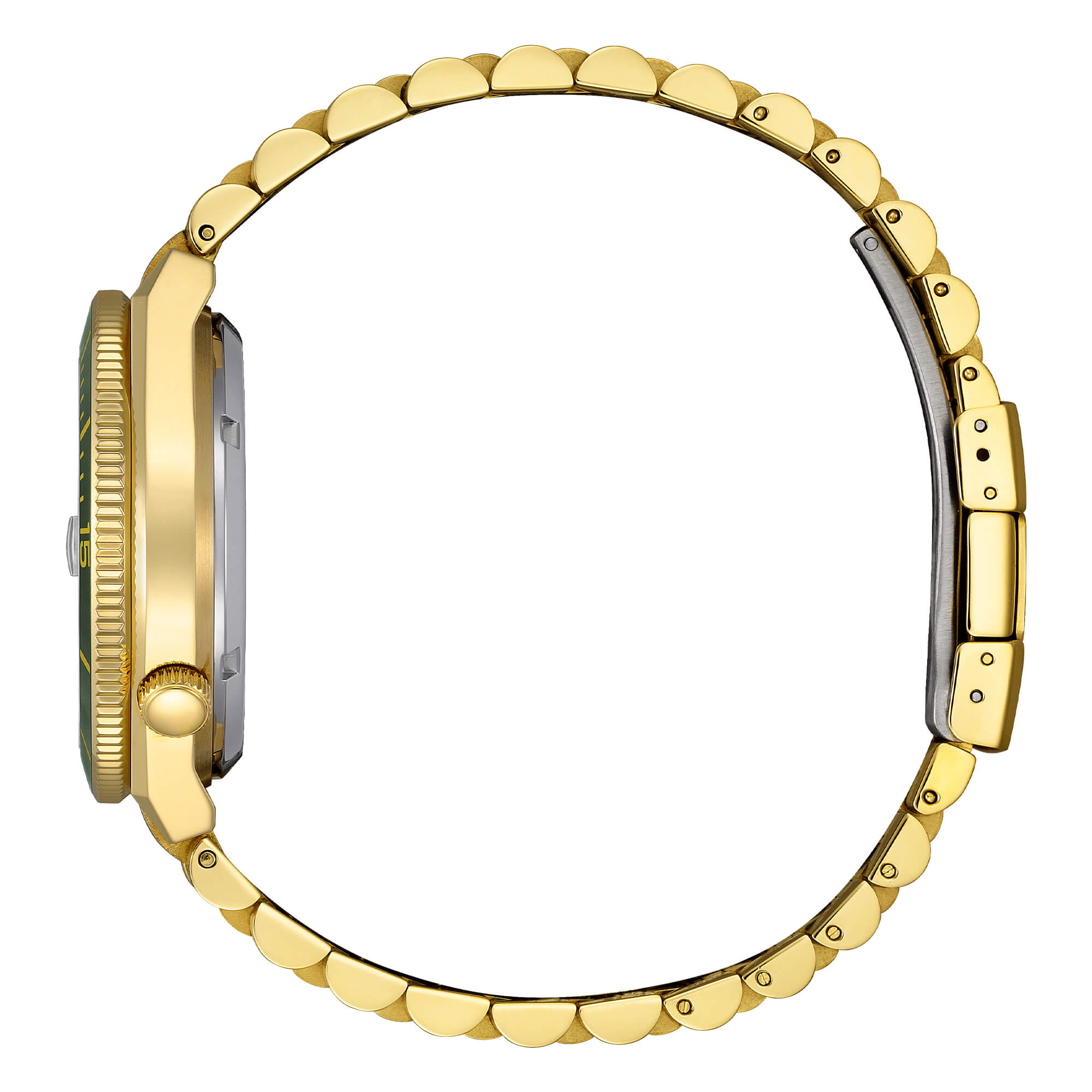 Orologio Citizen NJ0232-53X automatico placcato oro con quadrante verde bosco e lunetta girevole.