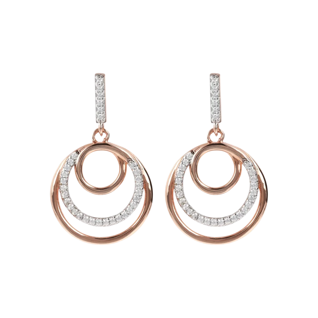 Orecchini pendenti triplo cerchio concentrico Bronzallure in Golden Rose e pavé di zirconi bianchi.