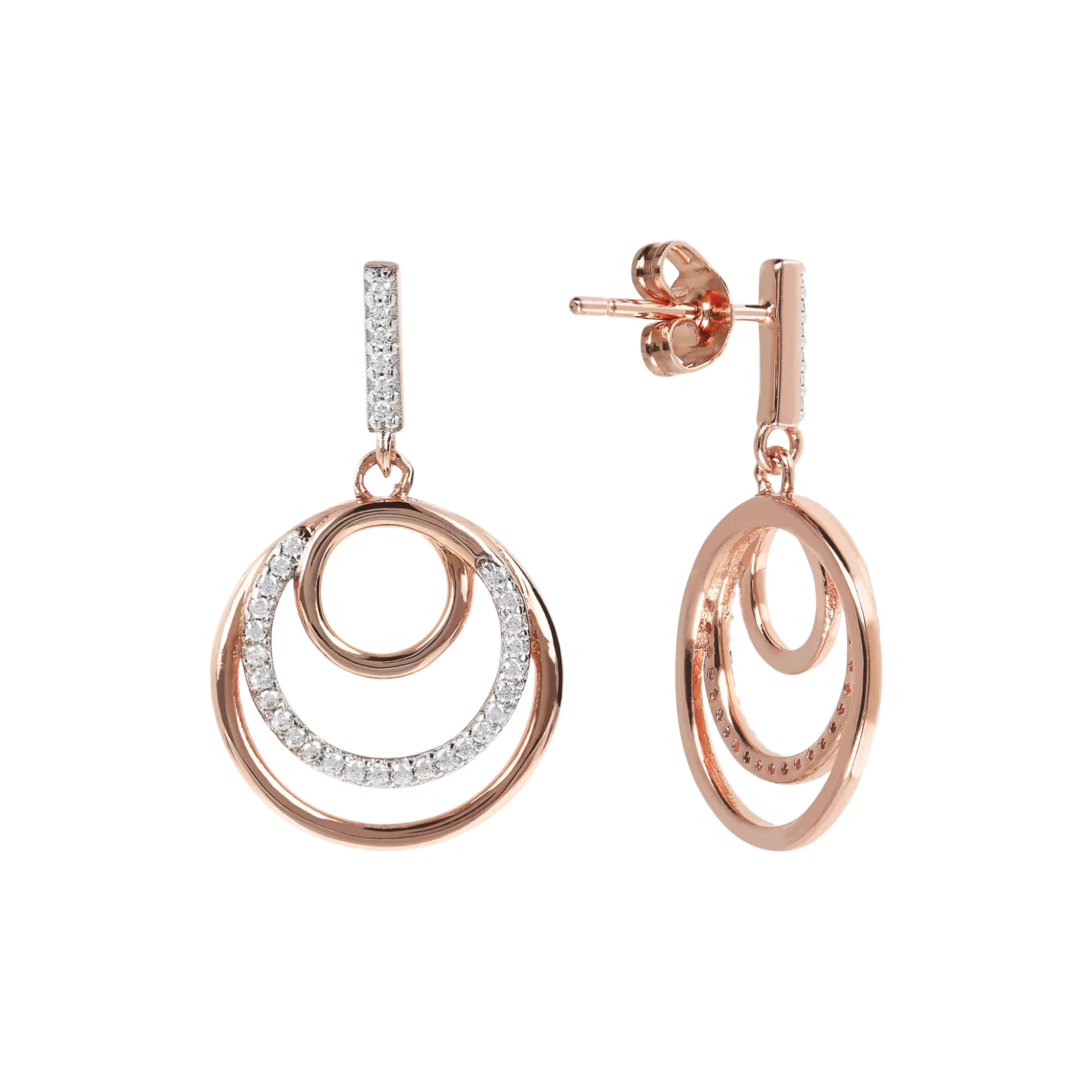 Orecchini pendenti triplo cerchio concentrico Bronzallure in Golden Rose e pavé di zirconi bianchi.