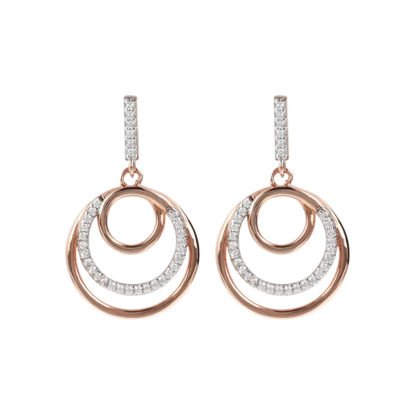 Orecchini pendenti triplo cerchio concentrico Bronzallure in Golden Rose e pavé di zirconi bianchi.