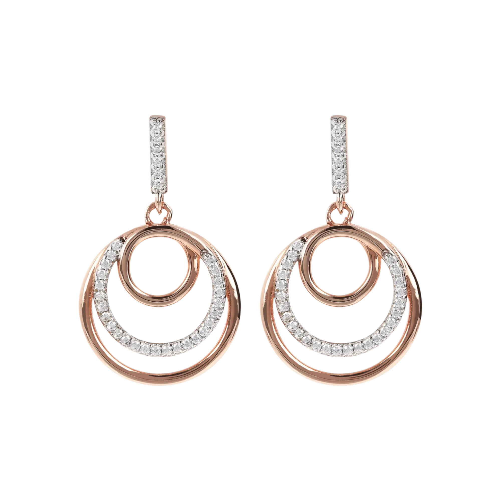 Orecchini pendenti triplo cerchio concentrico Bronzallure in Golden Rose e pavé di zirconi bianchi.