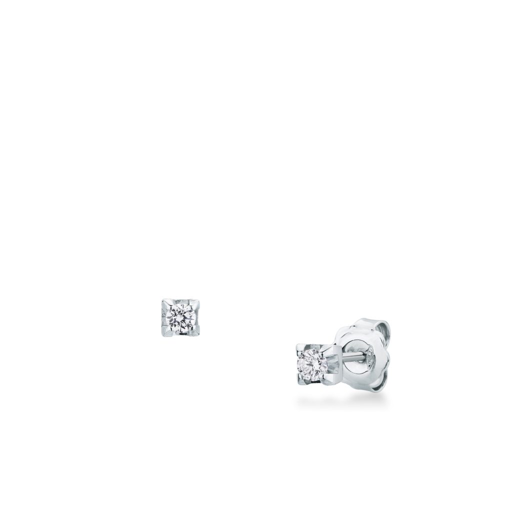 Orecchini punto luce con diamanti Mirco Visconti in oro bianco con diamanti taglio brillante e montatura quadrata.