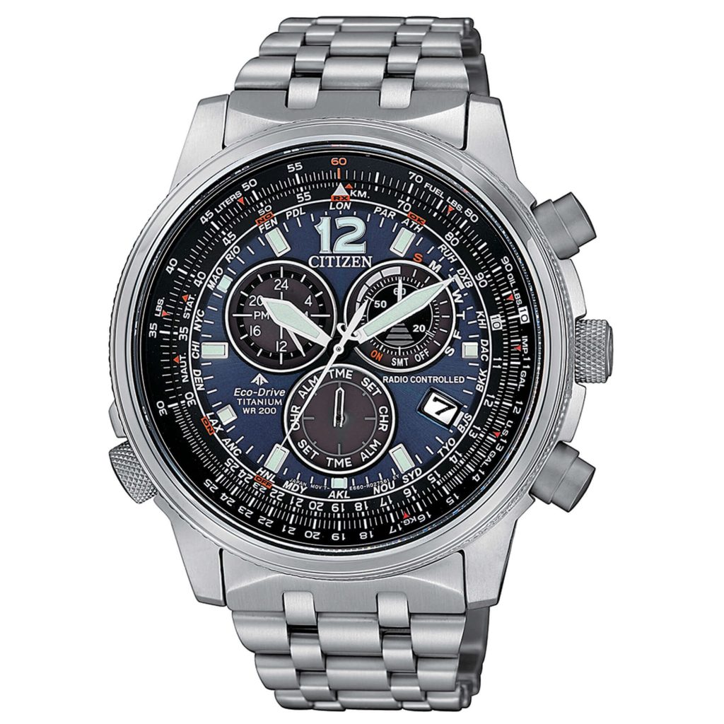 Orologio Citizen CB5850-80L Promaster radiocontrollato con quadrante blu e bracciale in Super Titanio.