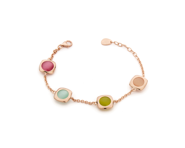 Bracciale quarzi multicolor Madì a catenina sottile in argento rosa con quattro pietre quadrate rosa, verde acqua, verde mela e ambra.