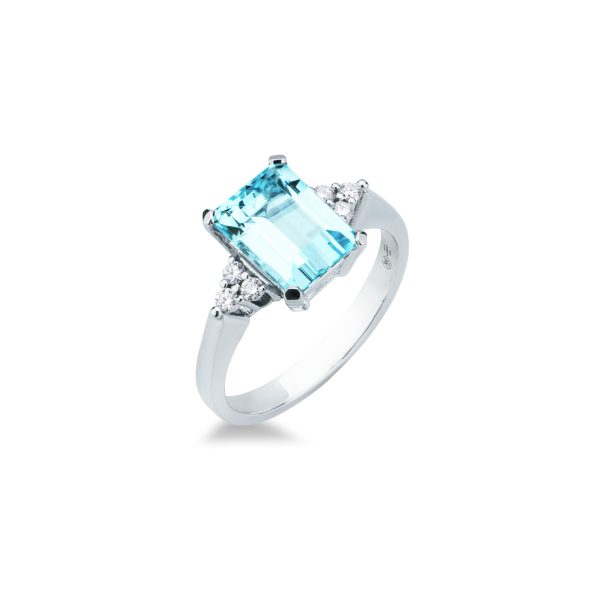 Anello Mirco Visconti con acquamarina e diamanti laterali a contorno in oro bianco.