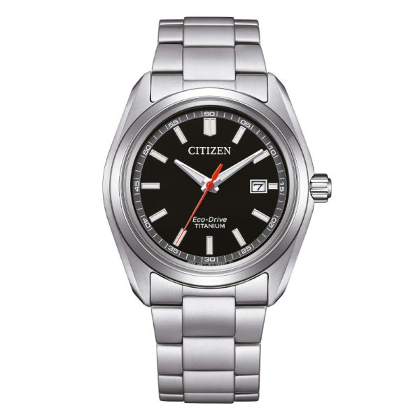Orologio Citizen AW1900-50E in titanio grigio con quadrante nero e lancetta dei secondi rossa.