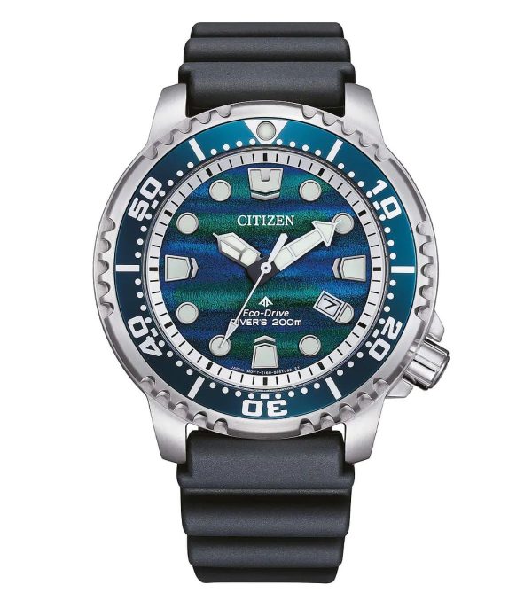 Orologio subacqueo Citizen BN0167-09W Limited Edition con quadrante blu-verde striato e cinturino in gomma nero.