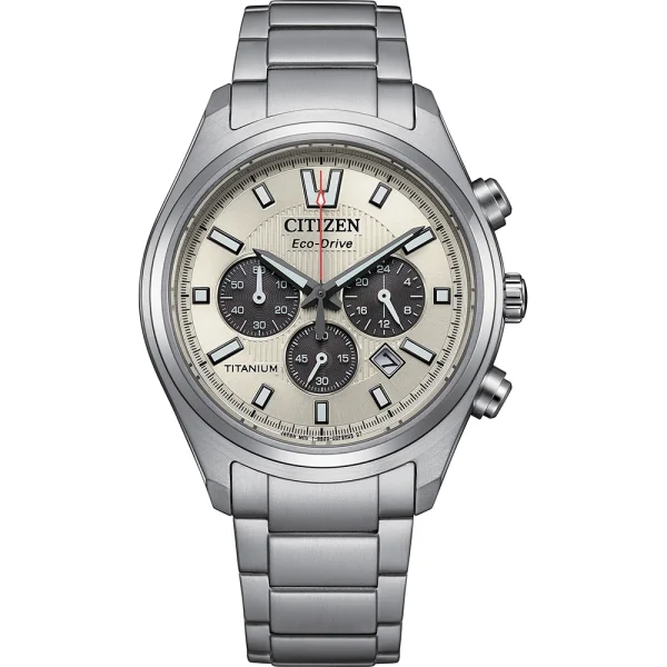 Orologio cronografo Citizen CA4750-51A in titanio con quadrante bianco silver e contatori scuri.