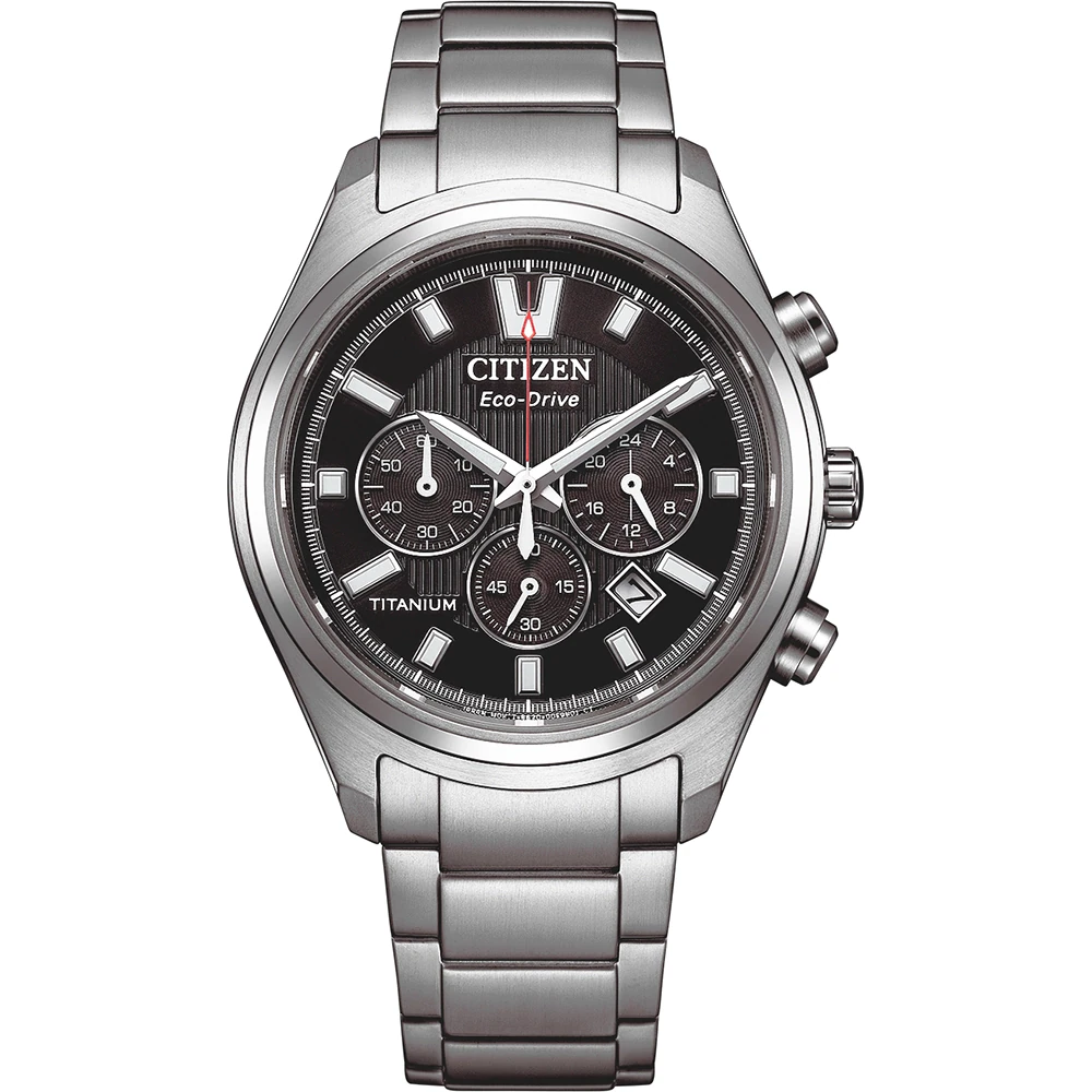 Orologio cronografo Citizen CA4750-51E in titanio grigio con quadrante nero e lancette luminose.