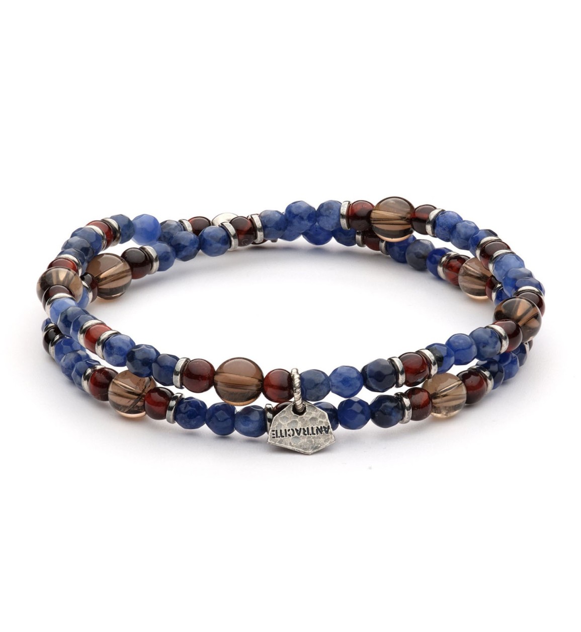Bracciale Edwin a doppio giro Antracite con pietre naturali blu, rosse e marroni e charm in argento.