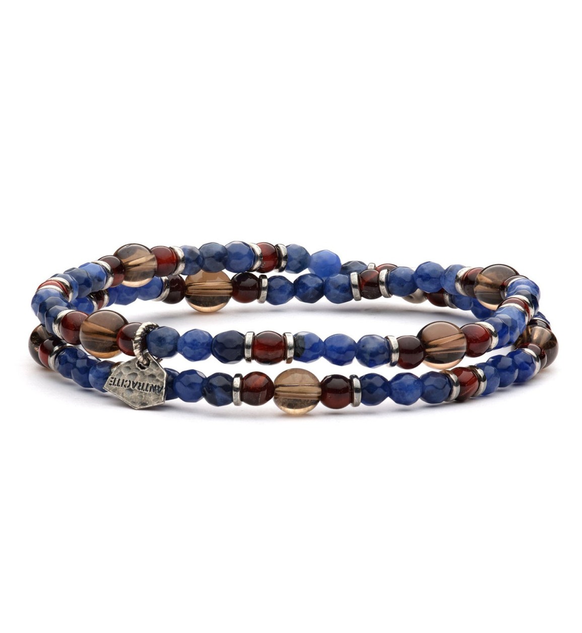 Bracciale Edwin a doppio giro Antracite con pietre naturali blu, rosse e marroni e charm in argento.