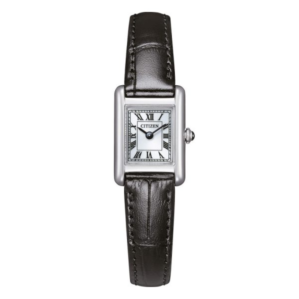 Orologio da donna Citizen EG2790-12A rettangolare con quadrante bianco, numeri romani e cinturino in pelle nera.