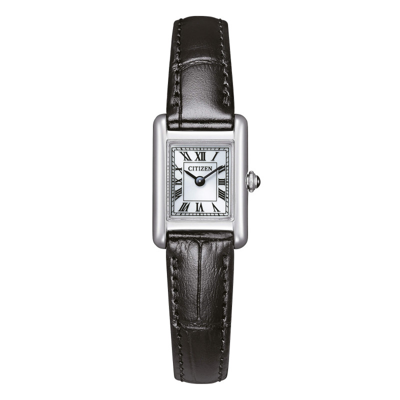 Orologio da donna Citizen EG2790-12A rettangolare con quadrante bianco, numeri romani e cinturino in pelle nera.