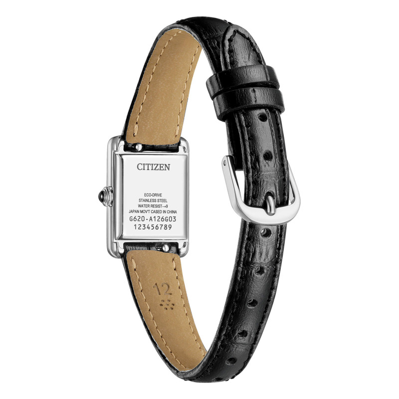 Orologio da donna Citizen EG2790-12A rettangolare con quadrante bianco, numeri romani e cinturino in pelle nera.