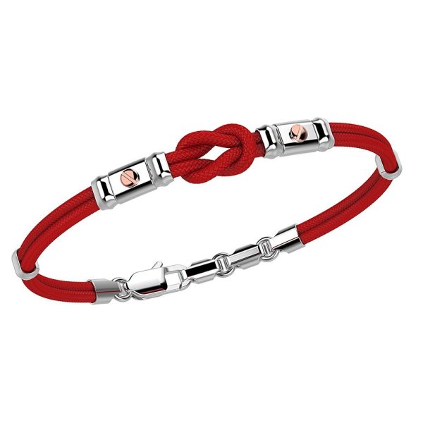 Bracciale Zancan in kevlar rosso da uomo con nodo nautico centrale e inserti in argento e oro rosa.