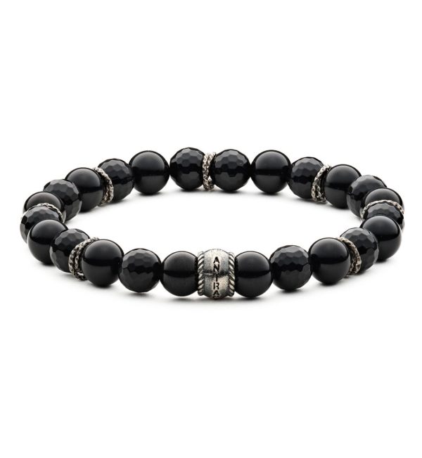 Bracciale Mistral Antracite con pietre di onice nera liscia e sfaccettata da 8mm e inserti in argento.