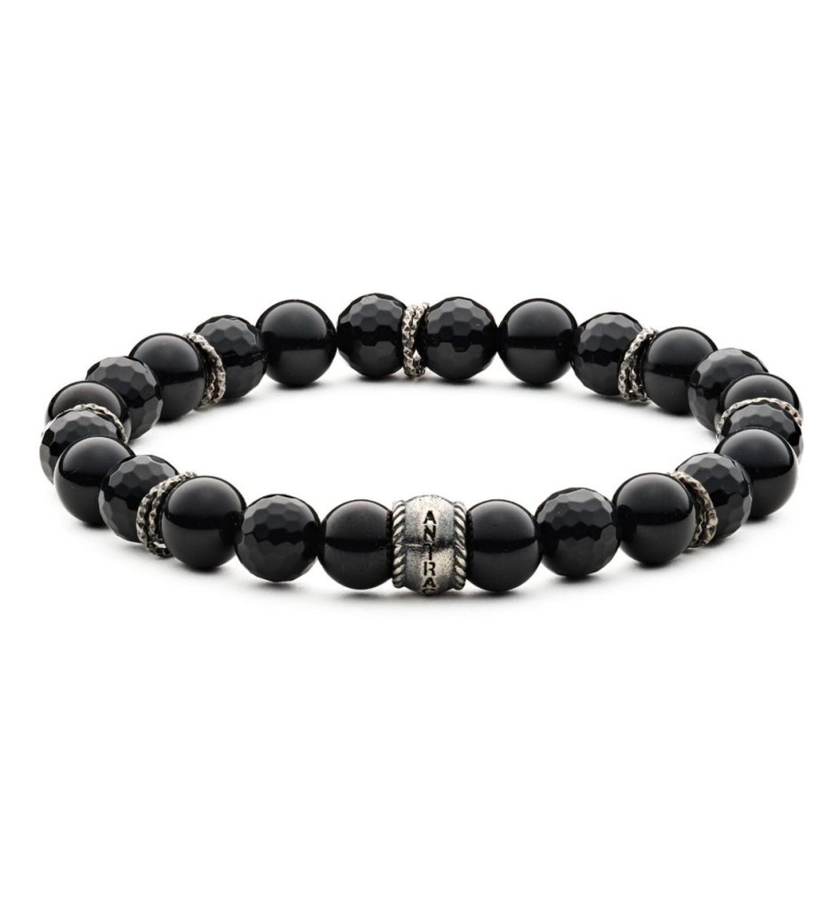 Bracciale Mistral Antracite con pietre di onice nera liscia e sfaccettata da 8mm e inserti in argento.