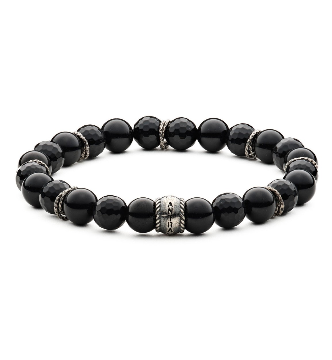 Bracciale Mistral Antracite con pietre di onice nera liscia e sfaccettata da 8mm e inserti in argento.