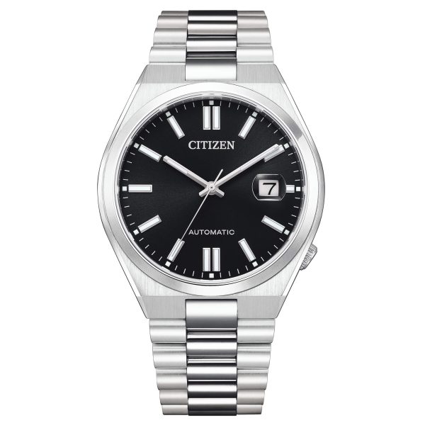 Orologio automatico Citizen NJ0150-81E Tsuyosa con quadrante nero, bracciale in acciaio e lente ciclopica sul datario.