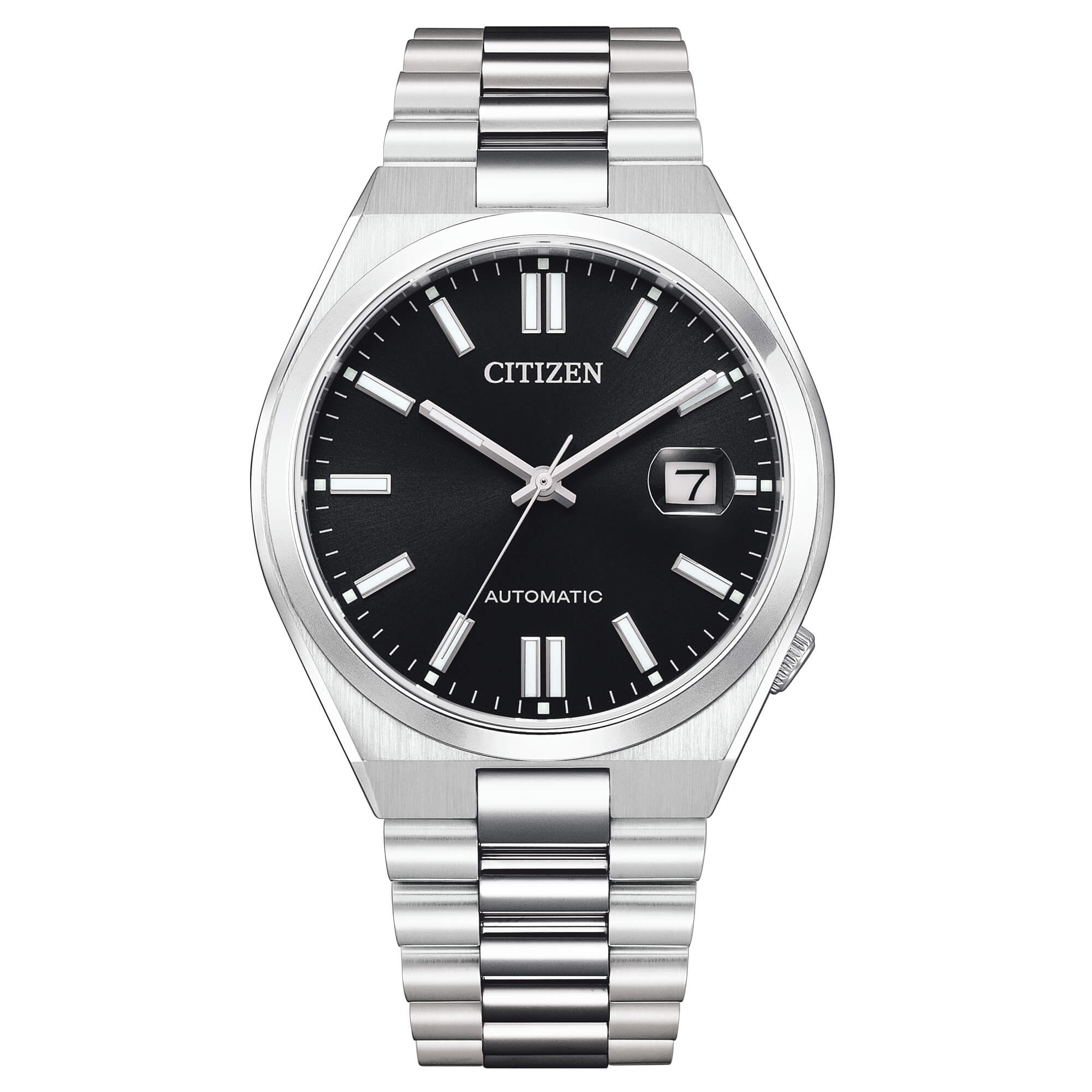 Orologio automatico Citizen NJ0150-81E Tsuyosa con quadrante nero, bracciale in acciaio e lente ciclopica sul datario.